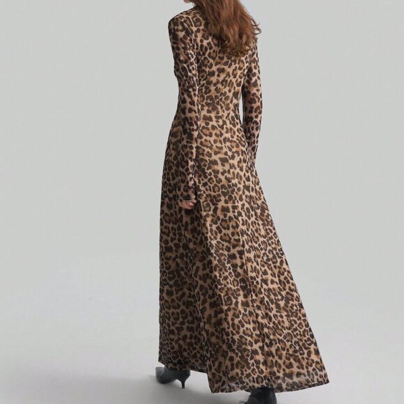 Brown Elegant Women's Leopard Print Digital Pattern Sexy Long maxi Dress - Picture 3 of 9